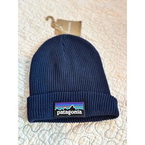 Patagonia Kids Logo Beanie  Navy Blue Cuffed Knit Hat P-6 Logo One Size